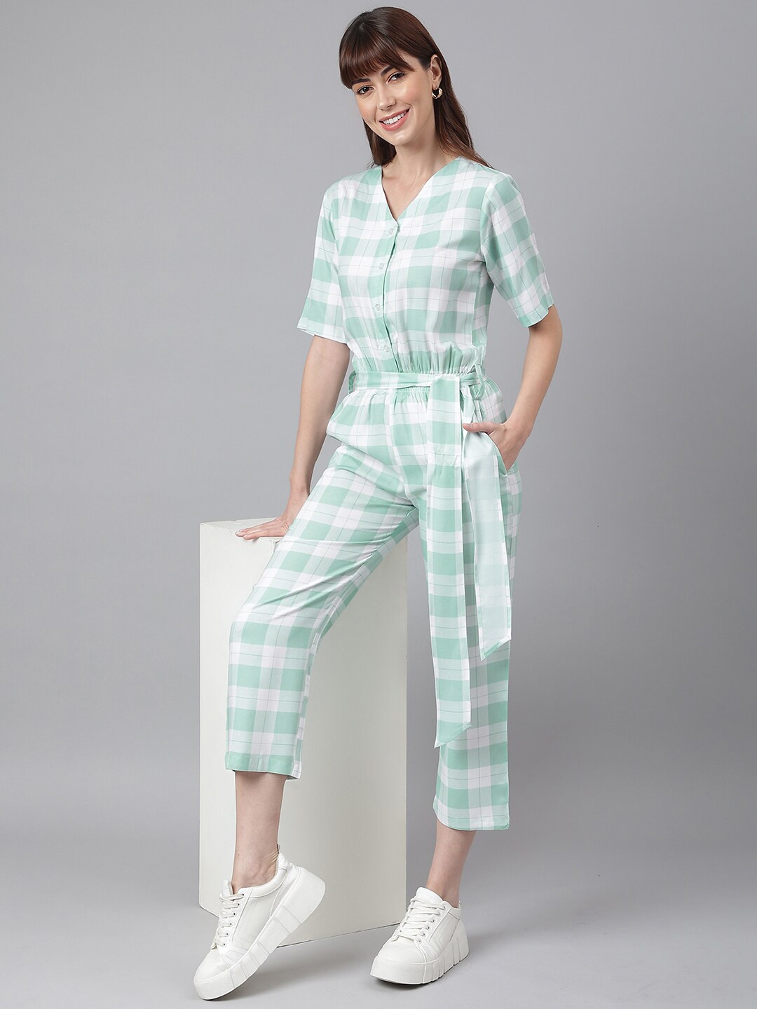 

Chemistry Checked Culotte Jumpsuit, Sea green