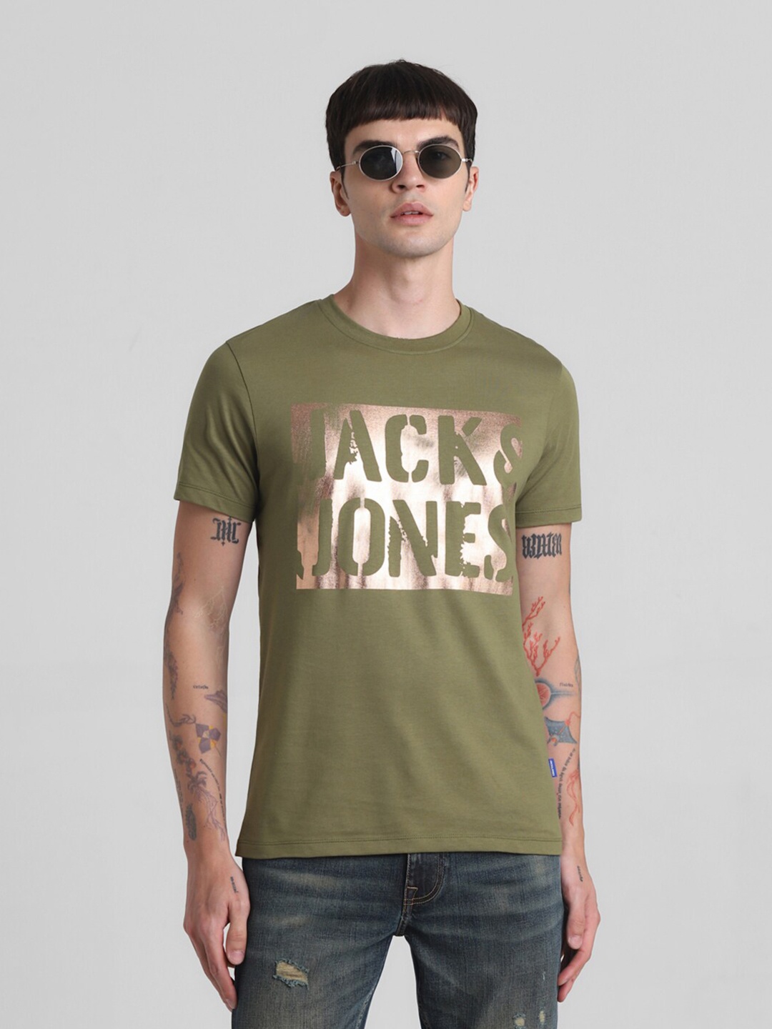 

Jack & Jones Typography Printed Slim Fit Round Neck Cotton T-shirt, Green