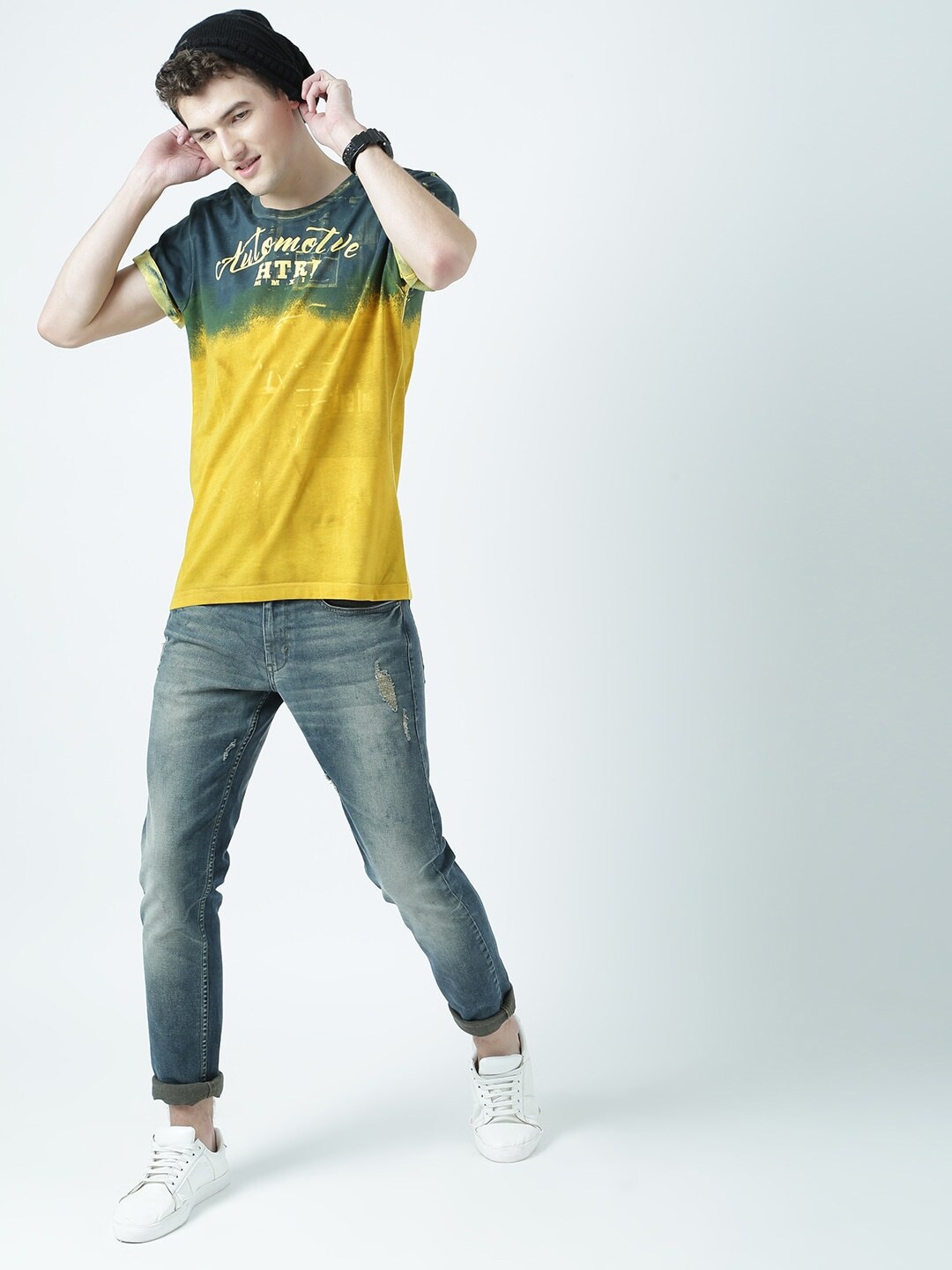 

Huetrap Typography Printed Cotton Round Neck Short Sleeves Raw Edge Casual T-shirt, Yellow
