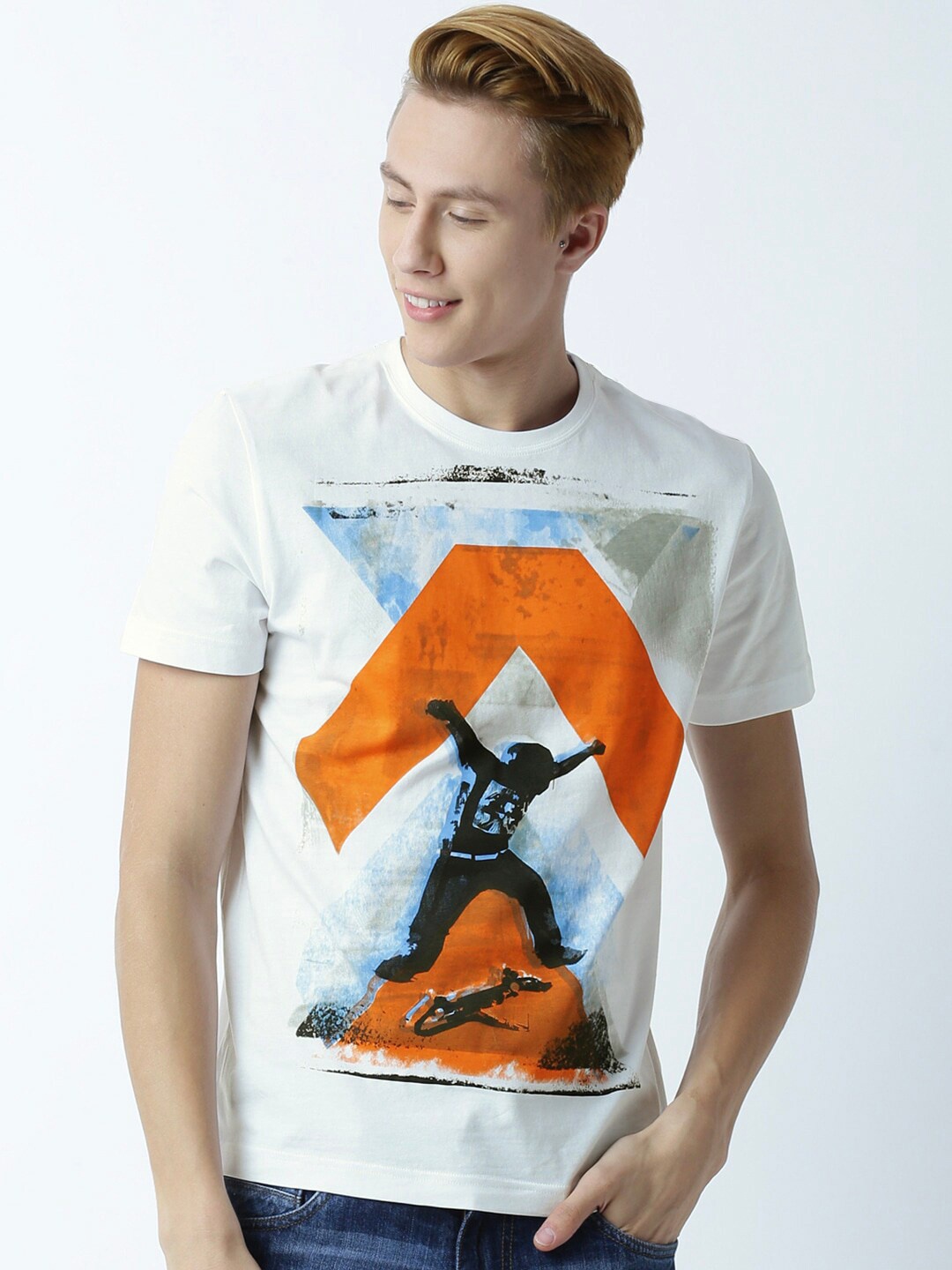 

Huetrap Graphic Printed Cotton Round Neck Short Sleeves Raw Edge Casual T-shirt, White