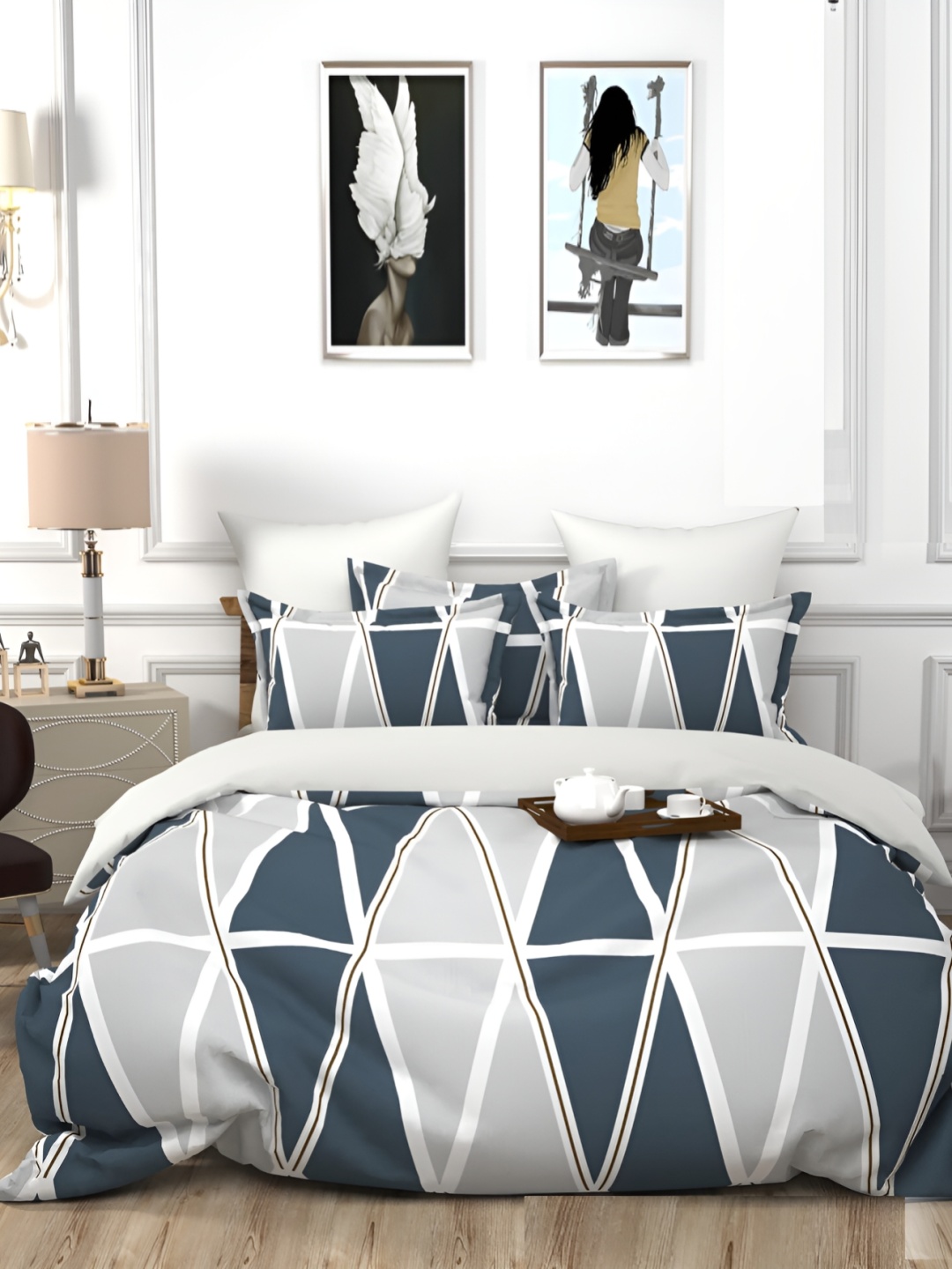 

Supreme Home Collective White Abstract Microfiber 144 TC Queen Bedsheet & 2 Pillow Covers