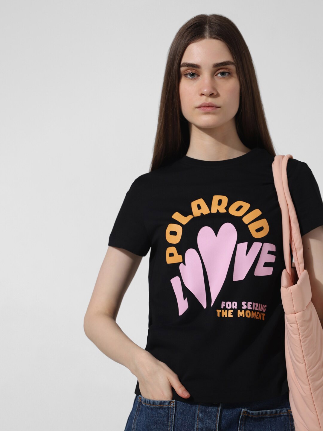 ONLY Typography Printed Round Neck Pure Cotton T-shirt, Black