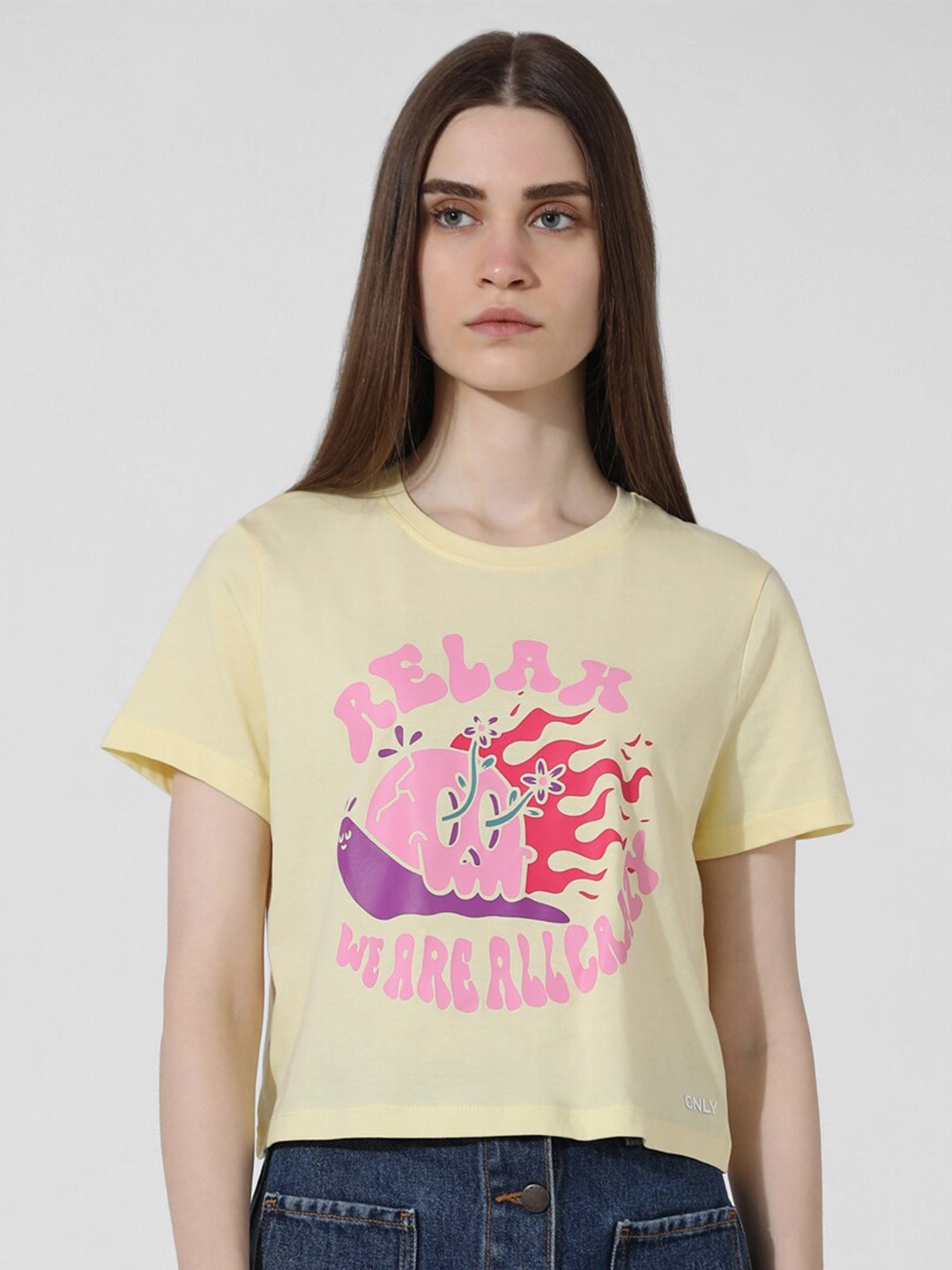 

ONLY Typography Printed Round Neck Pure Cotton T-shirt, Yellow