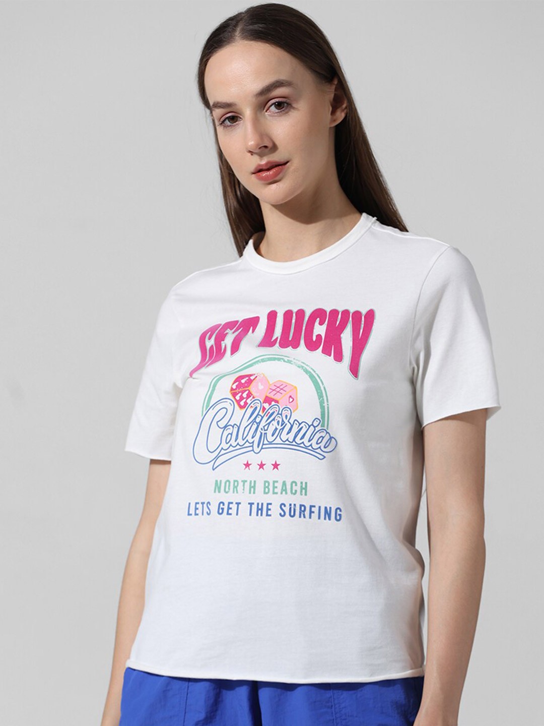 

ONLY Typography Printed Round Neck Pure Cotton T-shirt, White
