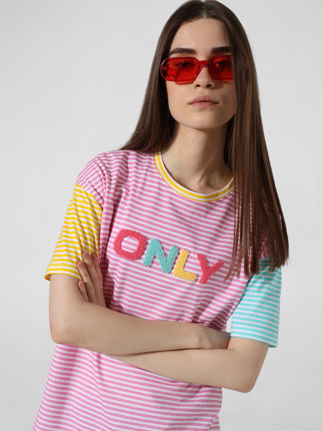 

ONLY Striped Round Neck Pure Cotton T-shirt, Pink
