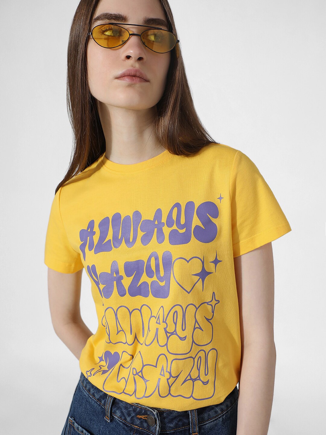 

ONLY Typography Printed Round Neck Pure Cotton T-shirt, Yellow