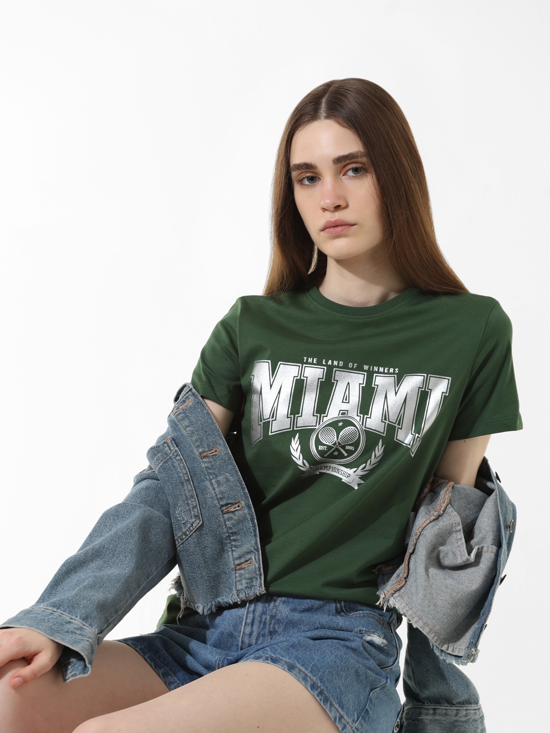 

ONLY Typography Printed Round Neck Pure Cotton T-shirt, Green