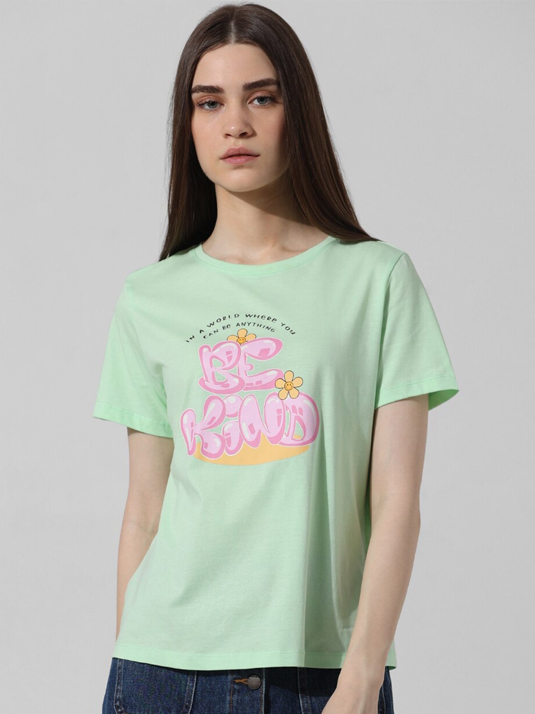 ONLY Typography Printed Round Neck Pure Cotton T-shirt, Green
