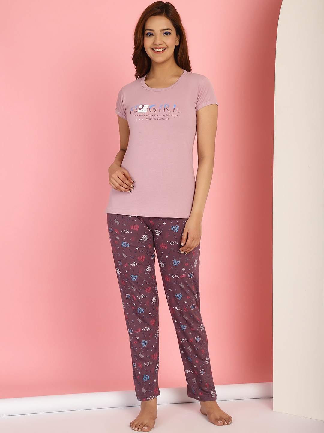 

Jinfo Typography Printed Night suit, Pink