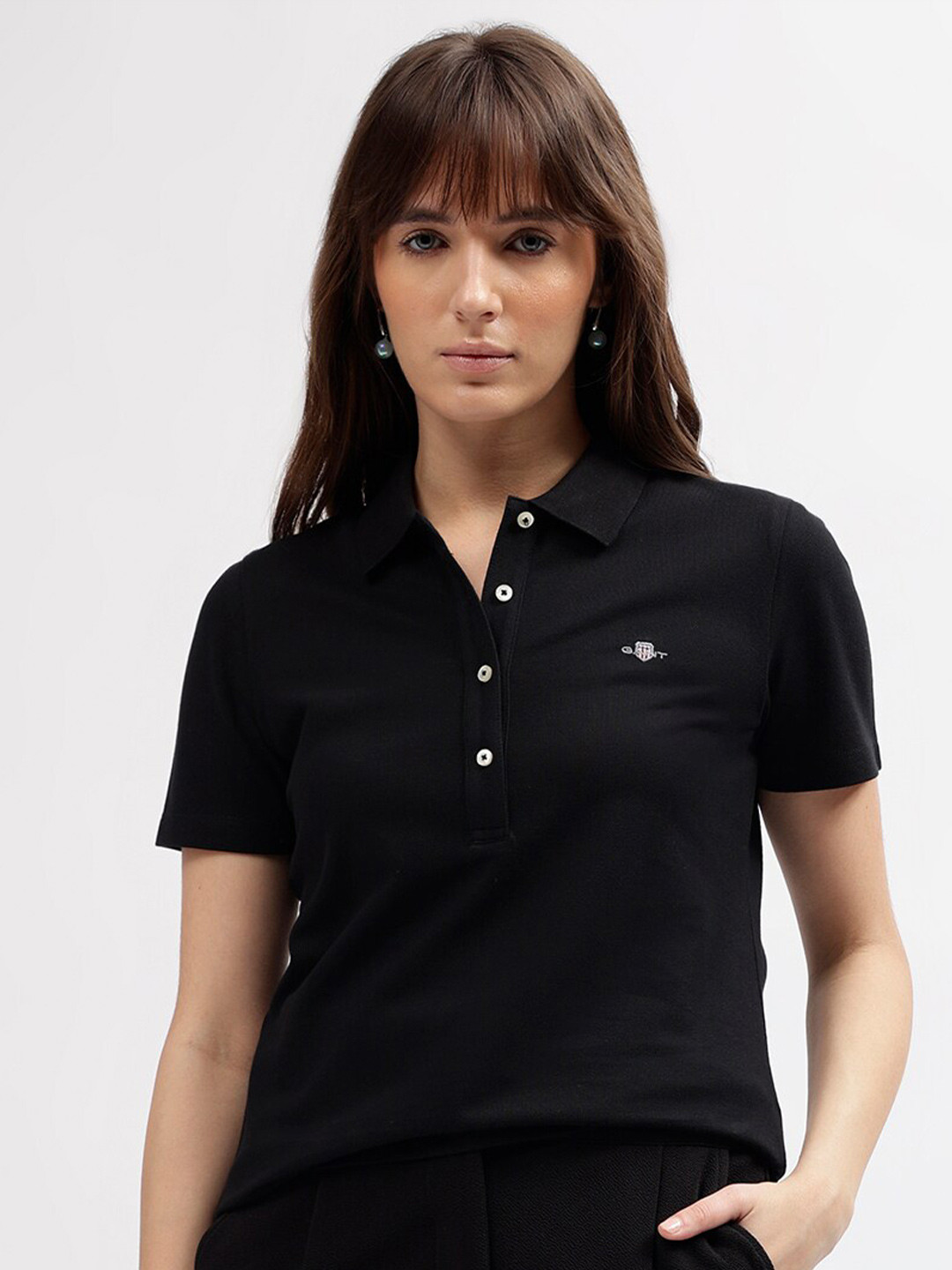 

GANT Women Solid Polo Collar Slim Fit T-shirt, Black