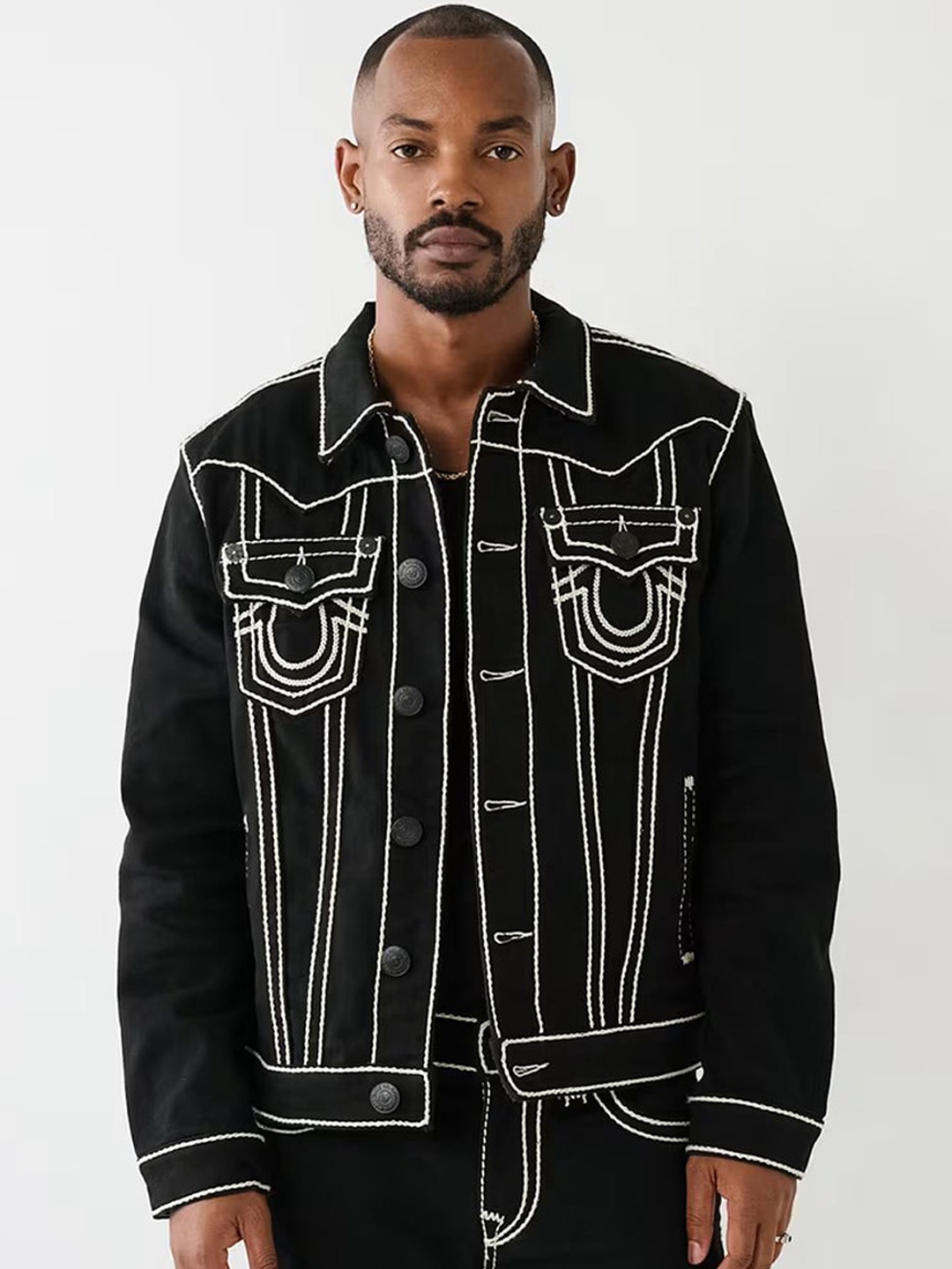 

True Religion Spread Collar Longline Pure Cotton Denim Jacket, Black