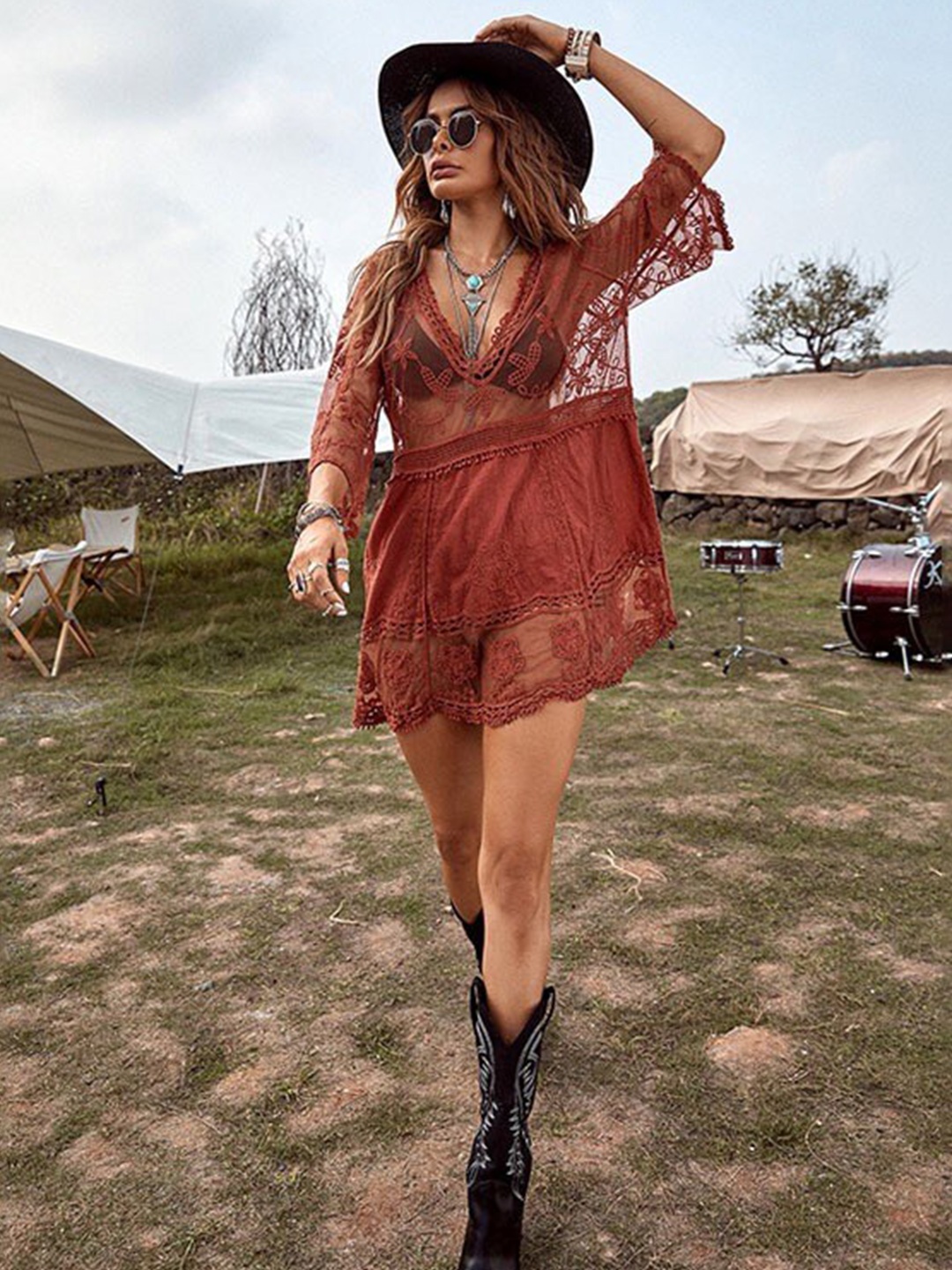 

Addery Self Design Lace Swimwear Cover up Dress, Rust