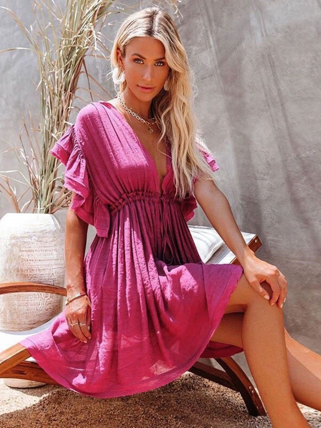 

Addery V-Neck Flared Sleeve Pleated Fit & Flare Mini Dress, Pink
