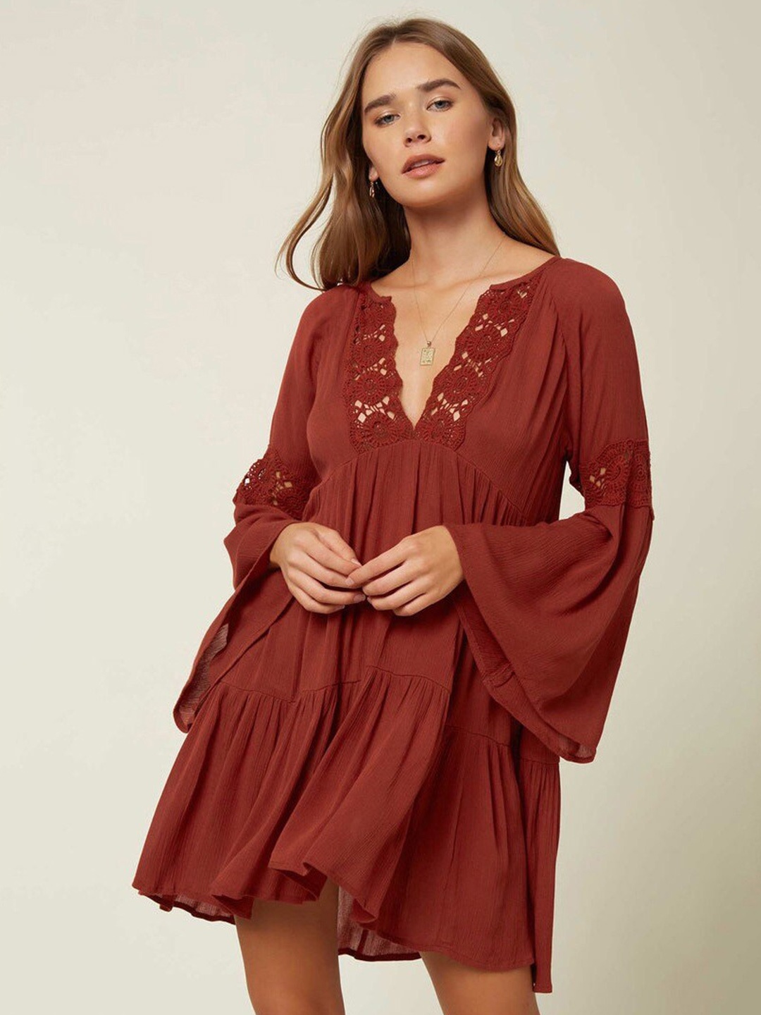 

Addery Plunging Neck Long Sleeves Lace-Insert Tiered Mini Swimwear Cover-Up Dress, Rust