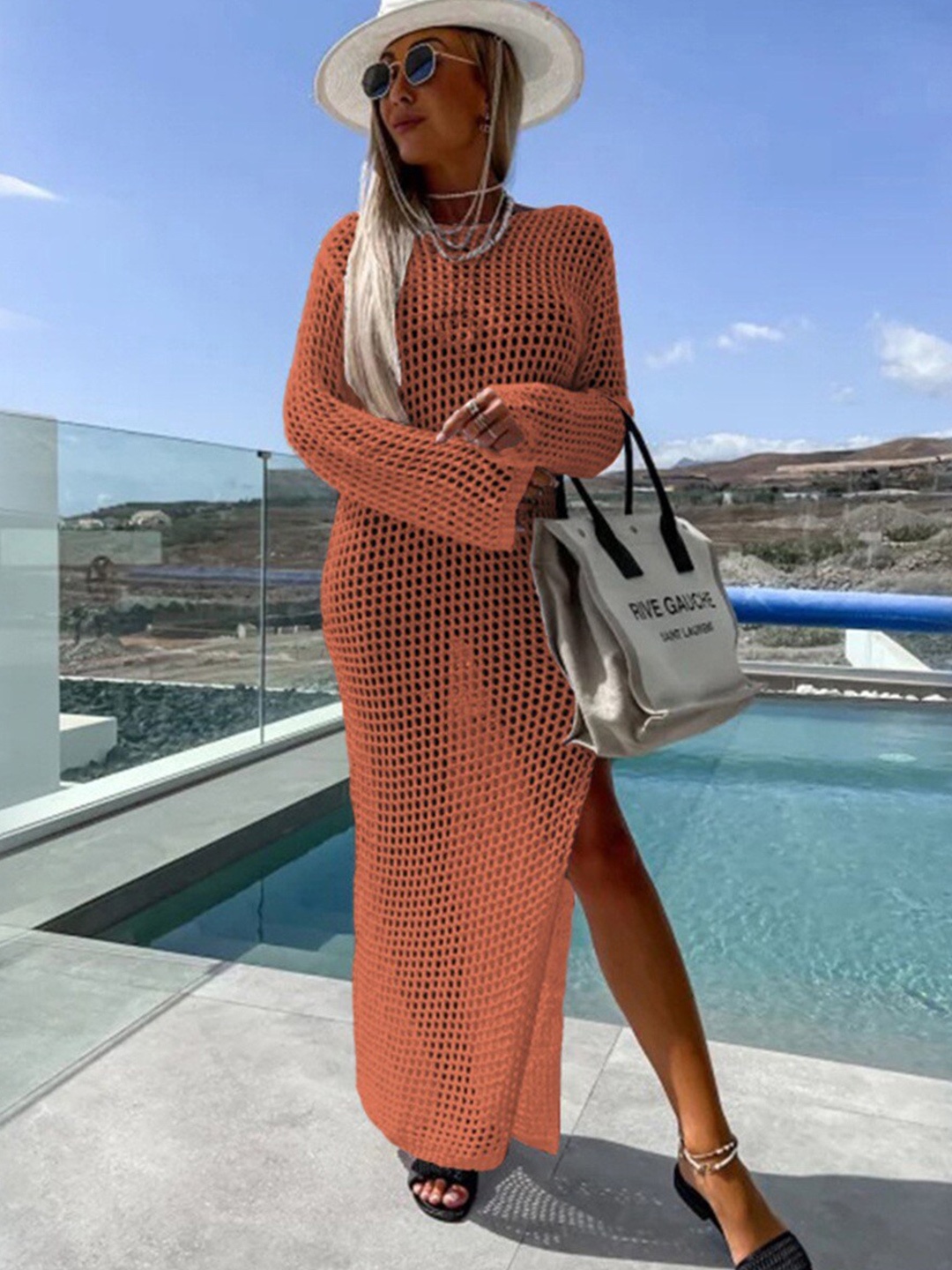 

Addery Self Design Maxi Swimwear Cover Up Dress, Orange