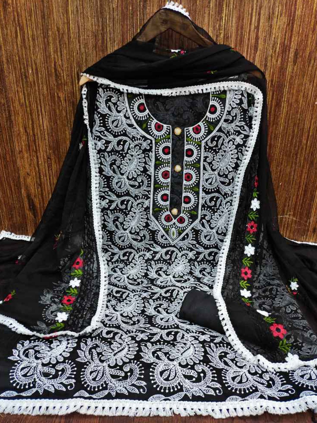 

faxofab Embroidered Unstitched Dress Material, Black