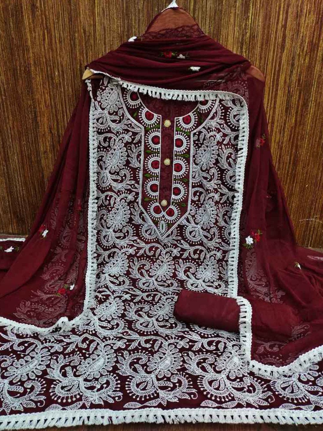 

faxofab Embroidered Unstitched Dress Material, Maroon