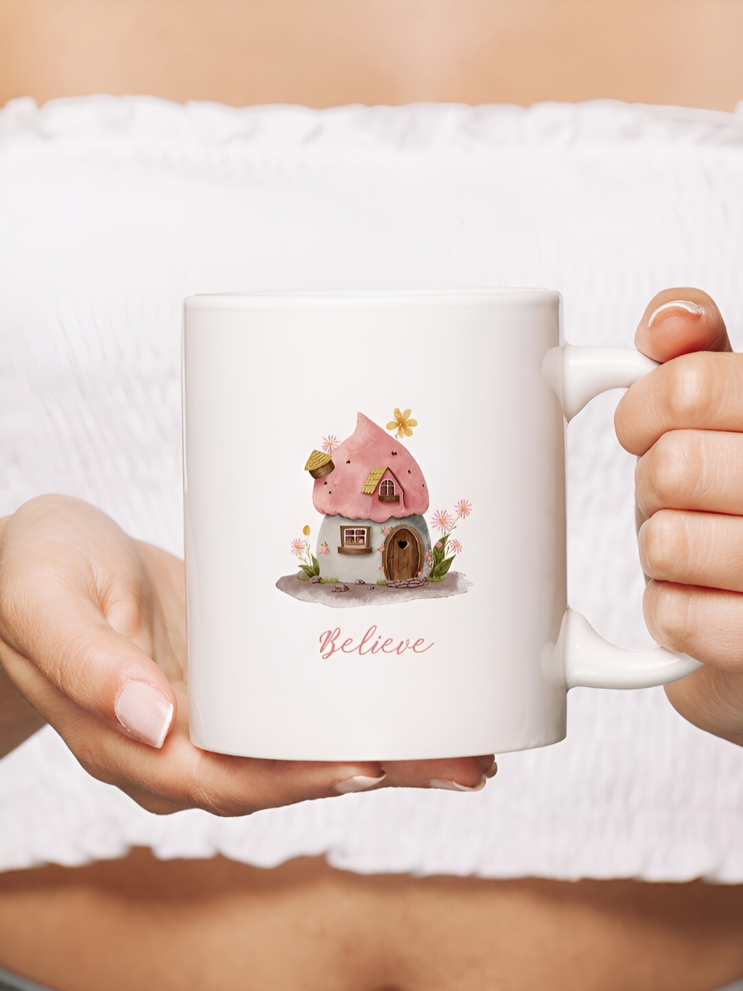 

The Decor Lane White & Pink Printed Ceramic Glossy Mug 325 ml