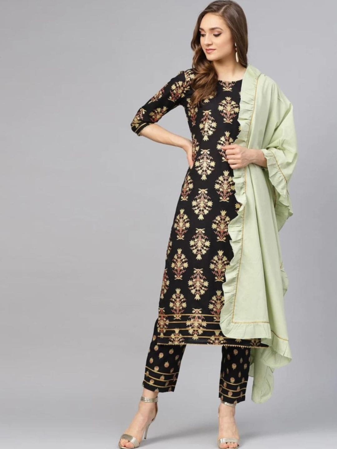 

HOUSE OF JAMOTI Floral Printed Pure Cotton Straight Kurta With Trousers & Dupatta, Black