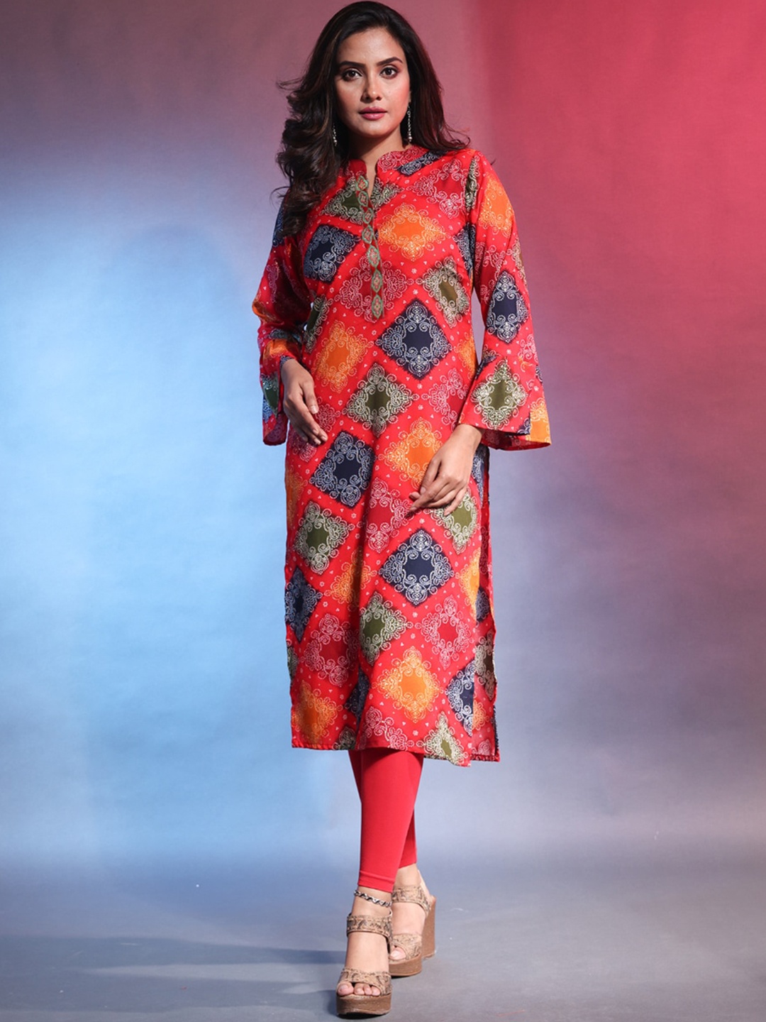 

Charukriti Ethnic Motifs Printed Bell Sleeves Kurta, Red