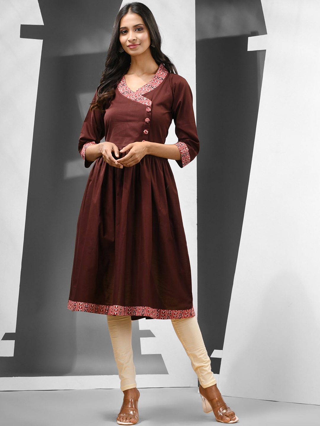 

Charukriti Cotton V-Neck Flared Thread Work A-Line Kurta, Brown