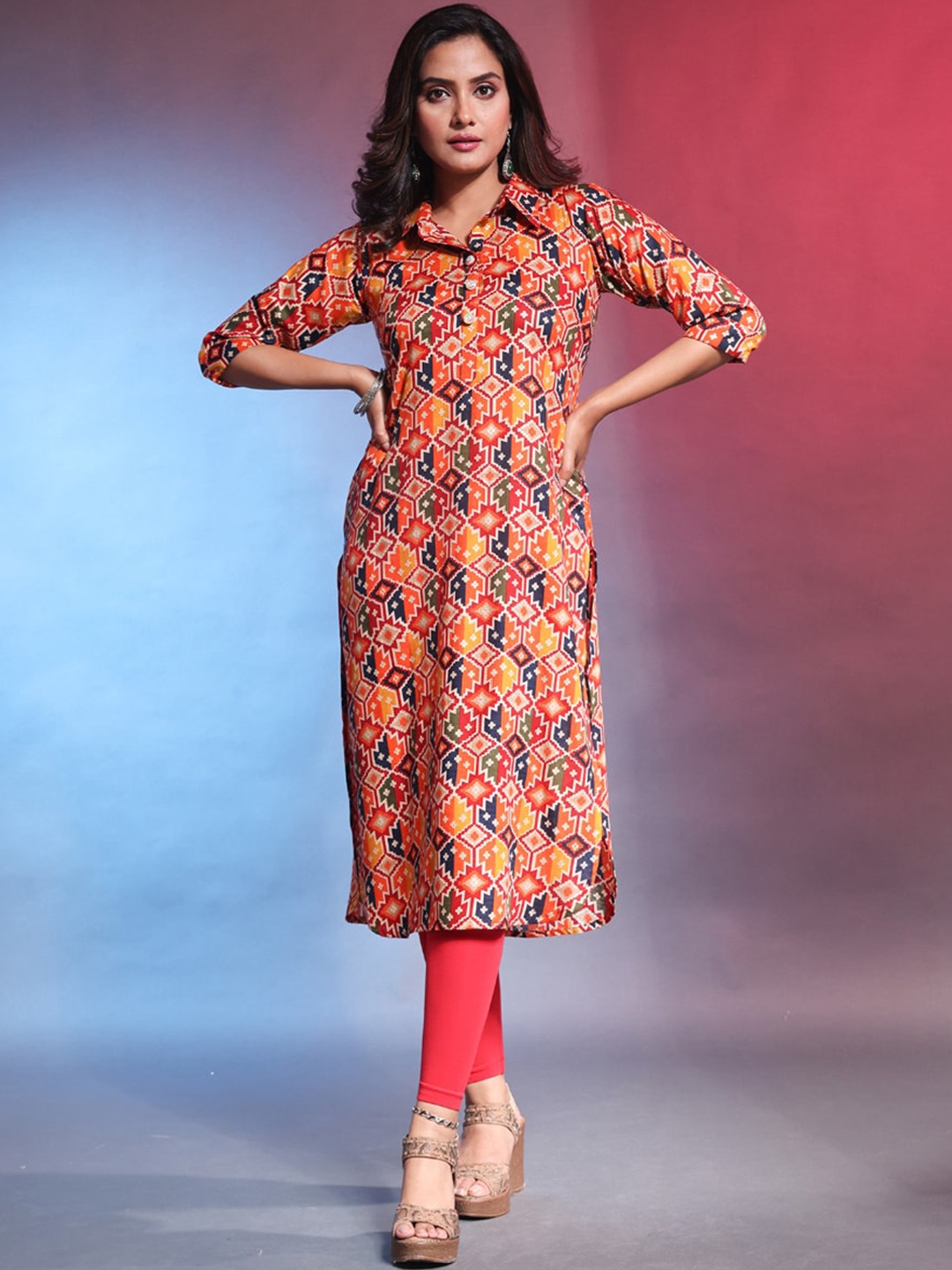

Charukriti Shirt Collar Floral Printed Rayon Straight Kurta, Orange