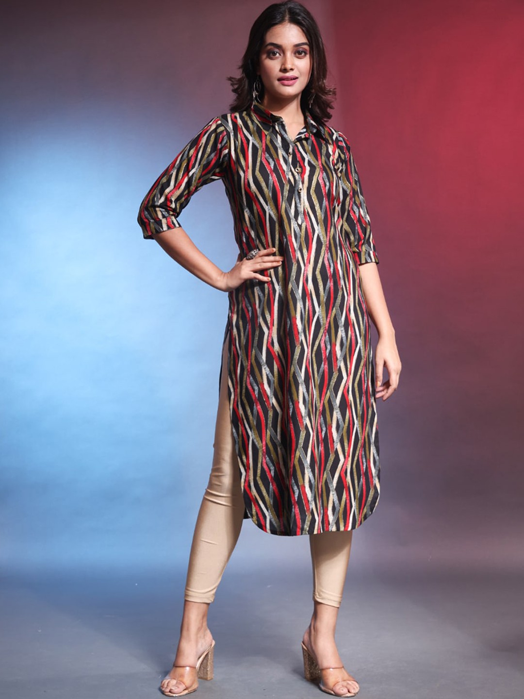

Charukriti Shirt Collar Striped Curved Hem Kurta, Black