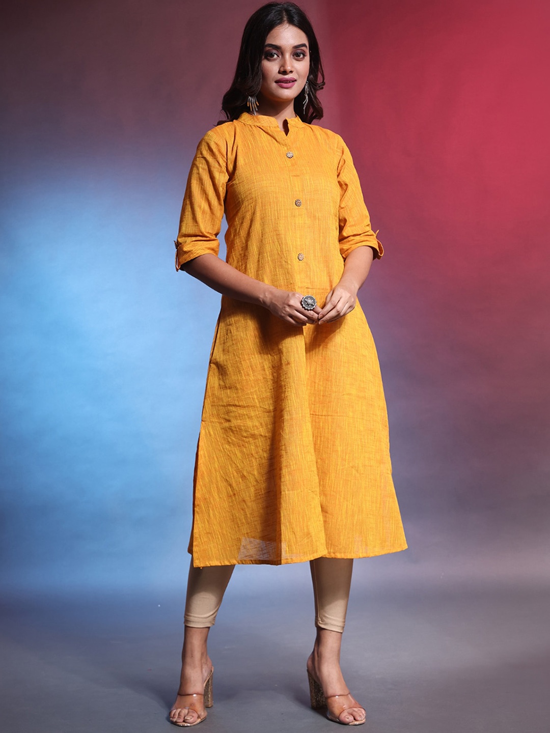 

Charukriti Mandarin Collar Cotton A Line Kurta, Yellow