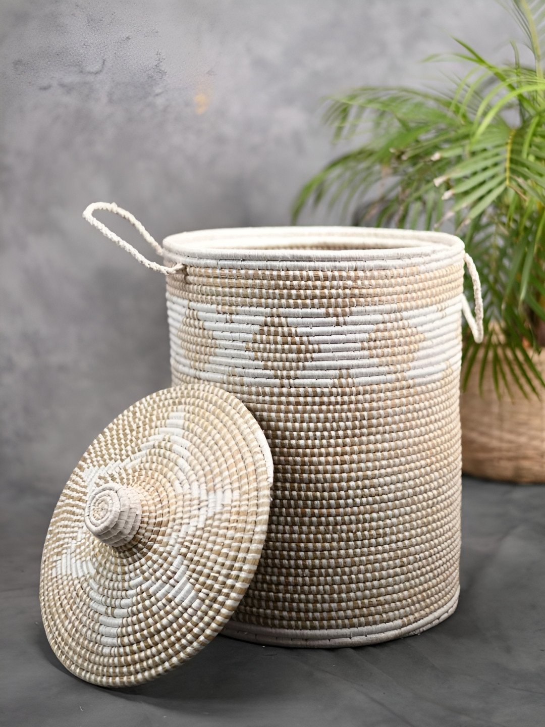 

KADAM HAAT White & Brown Self Design Wooden Anti-Fungal Laundry Basket With Lid