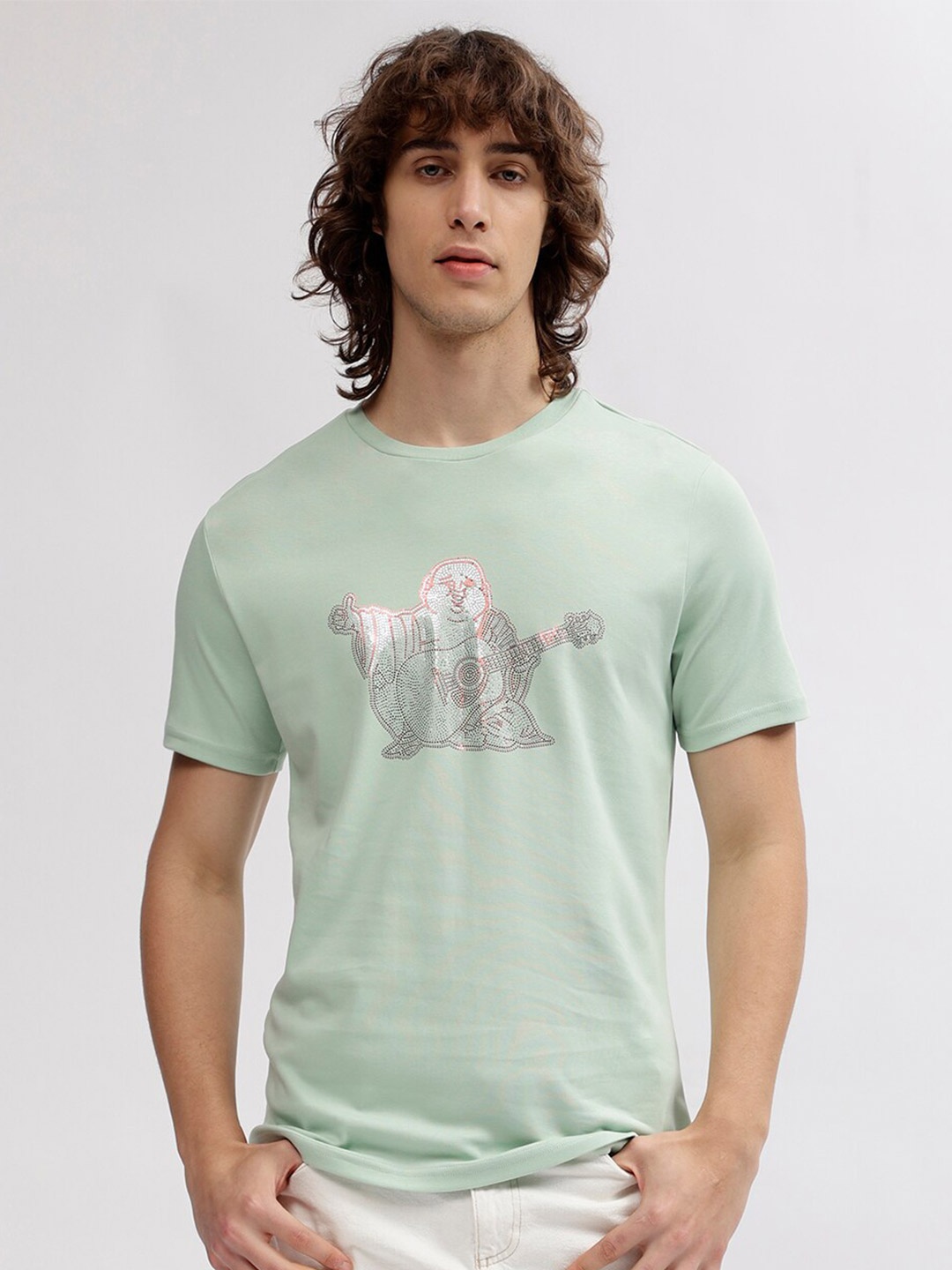 

True Religion Typography Printed Round Neck Pure Cotton T-shirt, Green