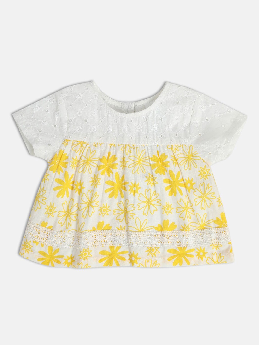 

MINI KLUB Girls Floral Printed Short Sleeves Cotton Top, White