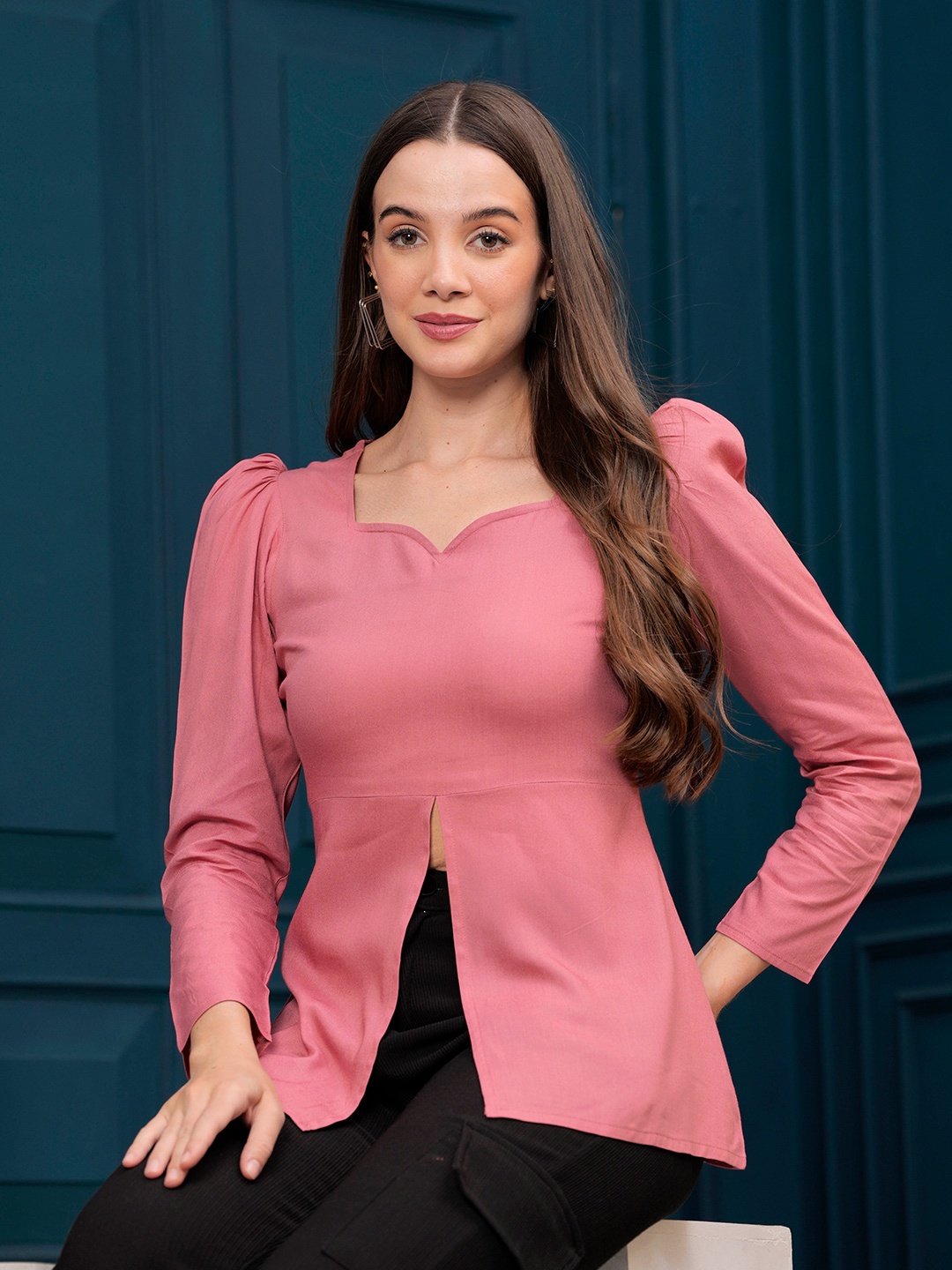 

DAEVISH Puff Sleeves Sweetheart Neck A-Line Top, Peach