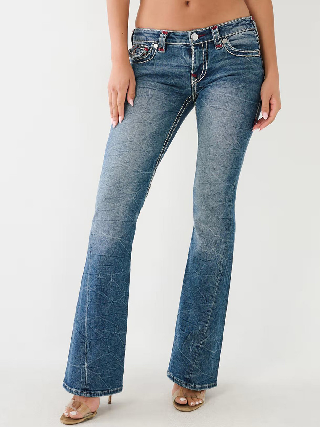 

True Religion Women Super T Joey Flared Blue Low-Rise Solid Jeans