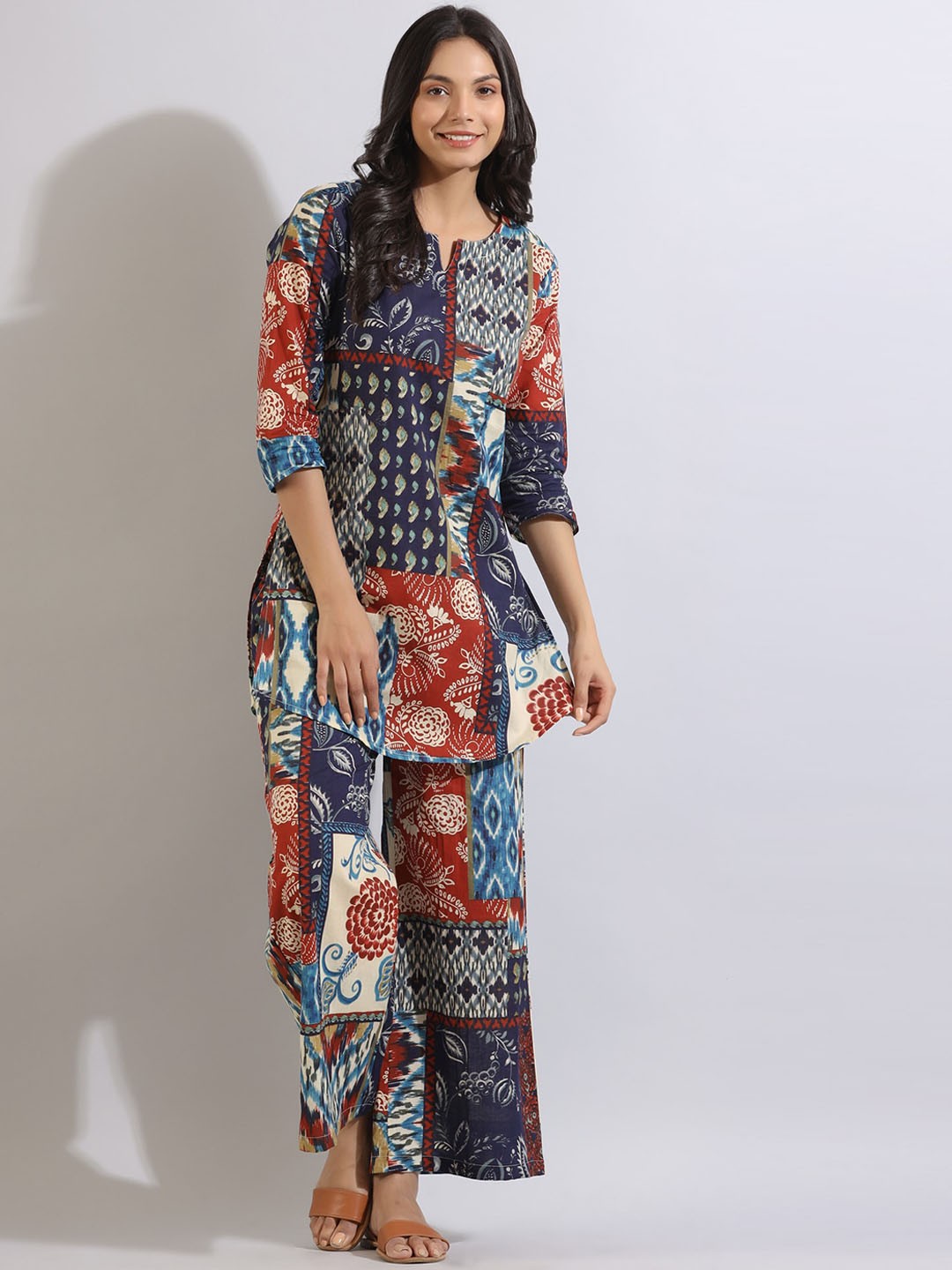 

JISORA Blue Ethnic Motifs Printed Pure Cotton Top & Pyjama