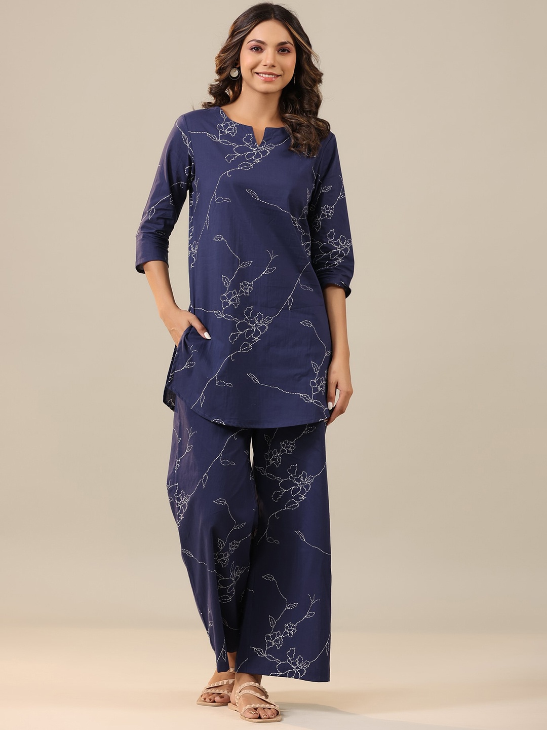 

JISORA Printed Pure Cotton Tunic With Trousers, Blue