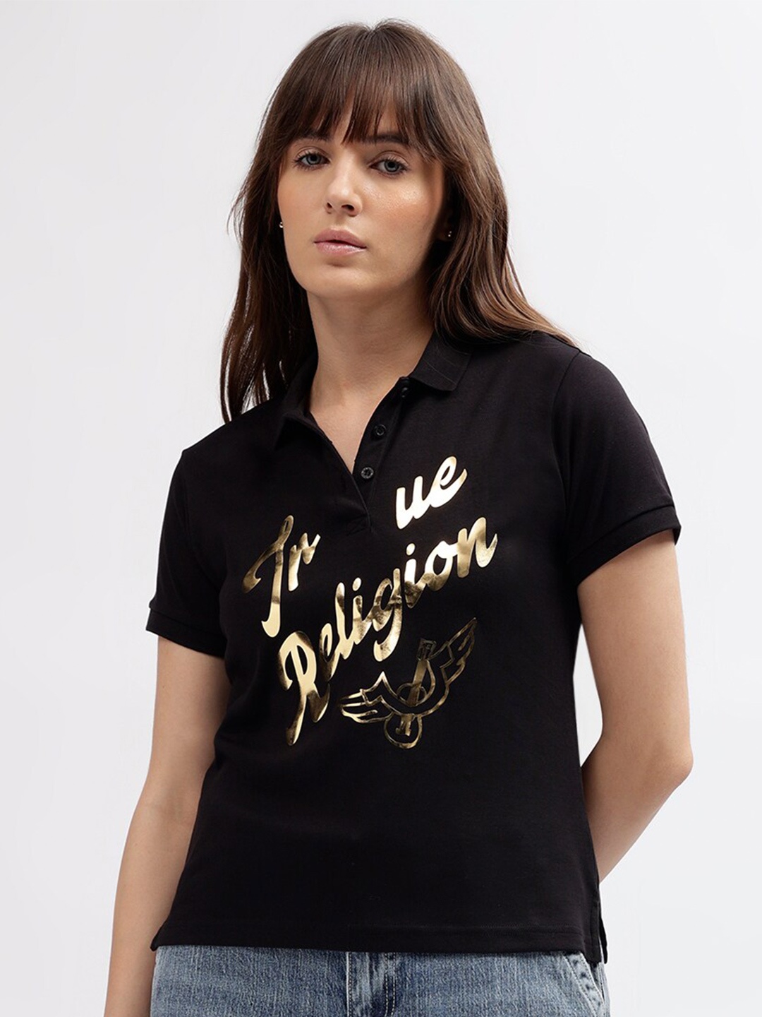 

True Religion Typography Printed Polo Collar Pure Cotton T-shirt, Black
