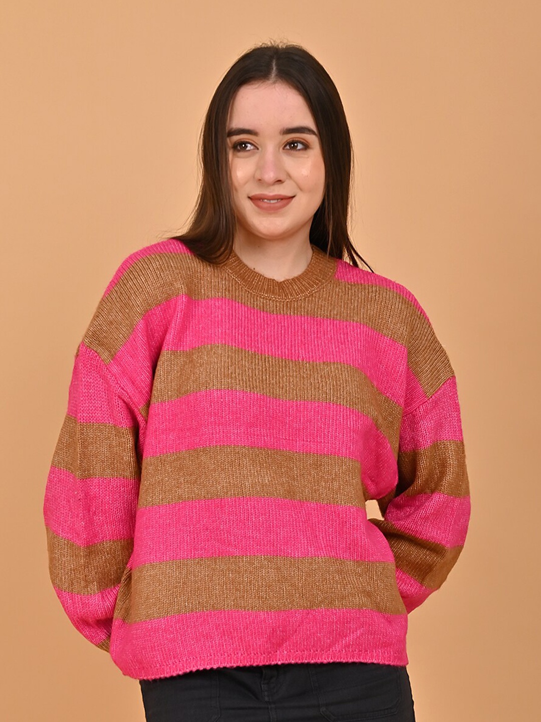 

NoBarr Striped Drop Shoulder Sleeves Oversized Pullover Sweater, Pink