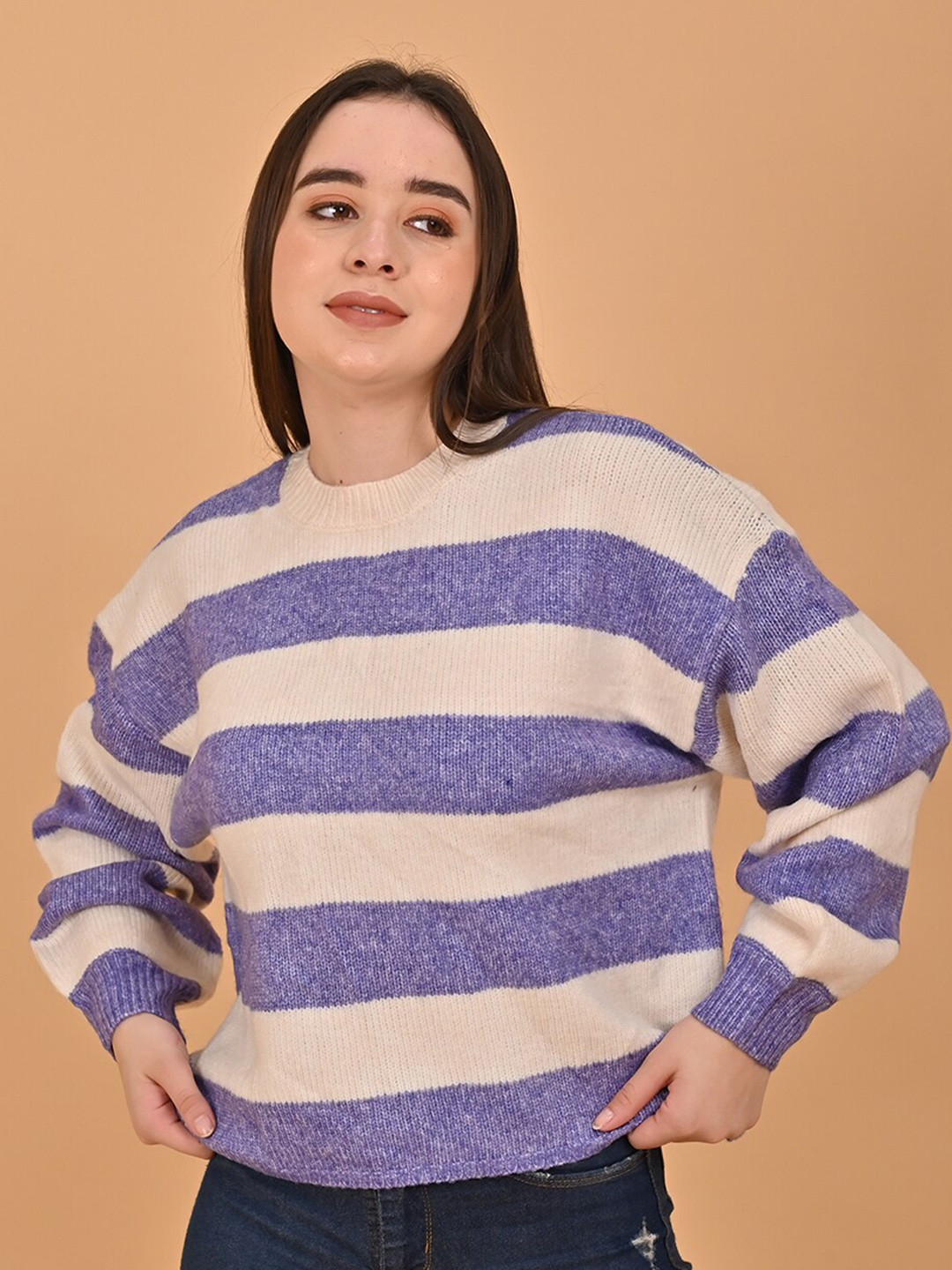 

NoBarr Striped Drop Shoulder Sleeves Oversized Pullover Sweater, Off white