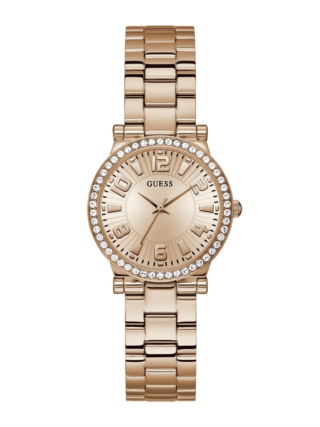 

GUESS Women Textured Dial & Stainless Steel Bracelet Style Straps Analogue Watch GW0686L3, Rose gold