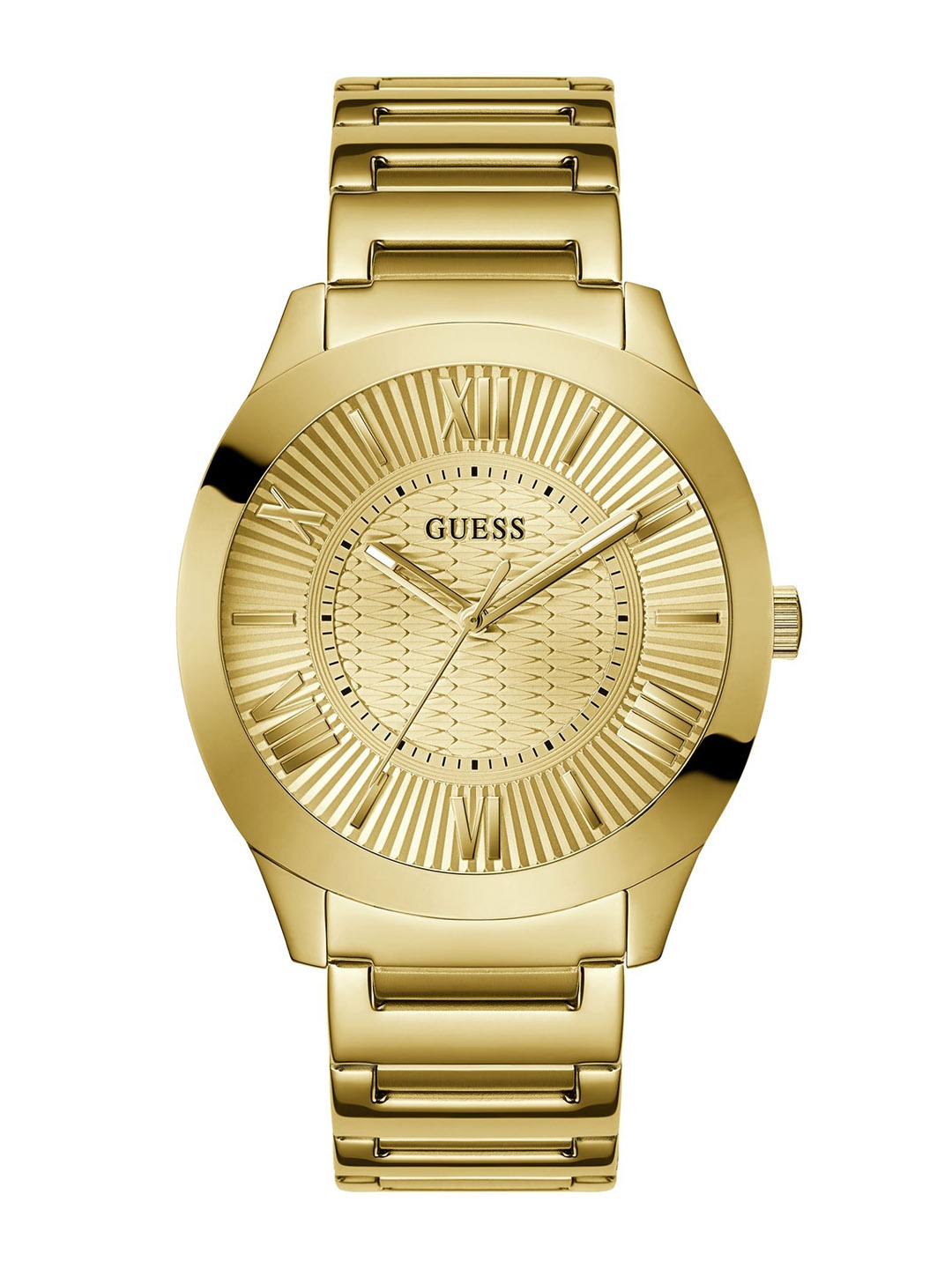 

GUESS Men Patterned Dial & Stainless Steel Bracelet Style Straps Analogue Watch GW0727G1, Gold