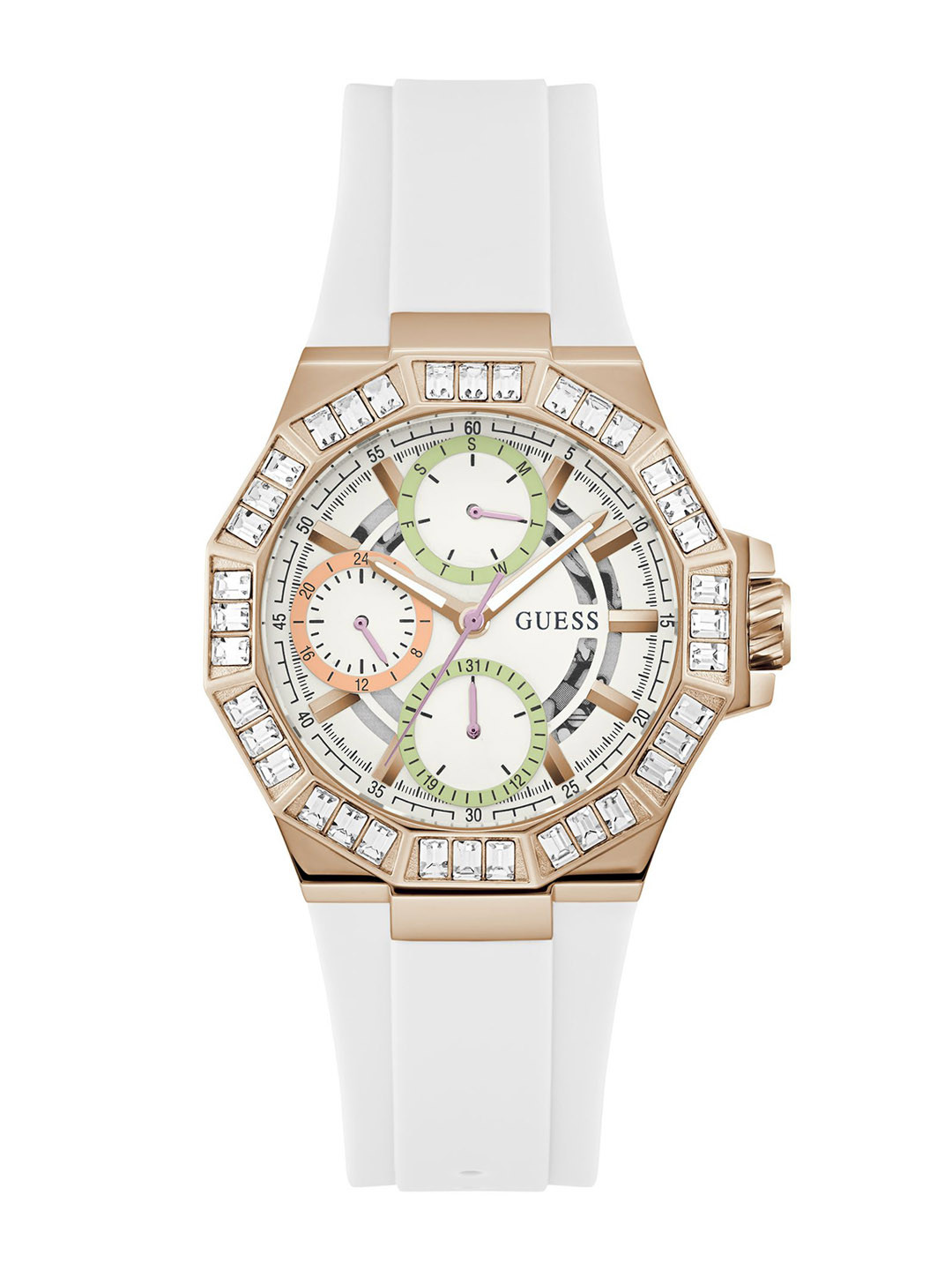 

GUESS Women Patterned Dial & Straps Analogue Multi Function Watch GW0695L3, White