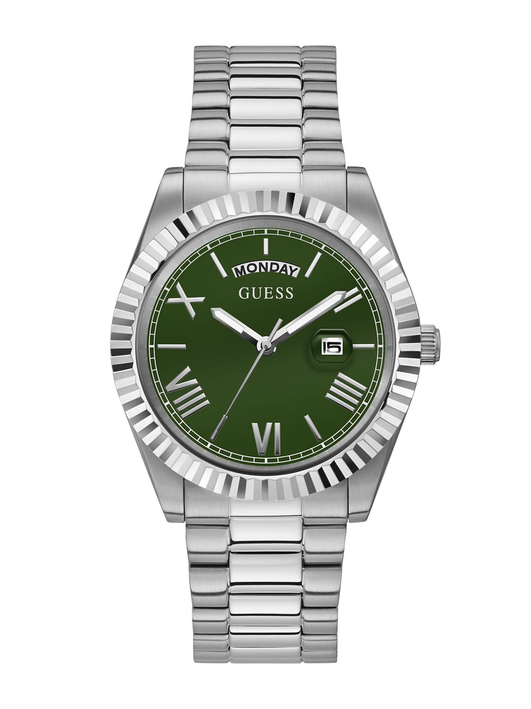 

GUESS Men Stainless Steel Straps Analogue Date Aperture Watch GW0265G10, Green