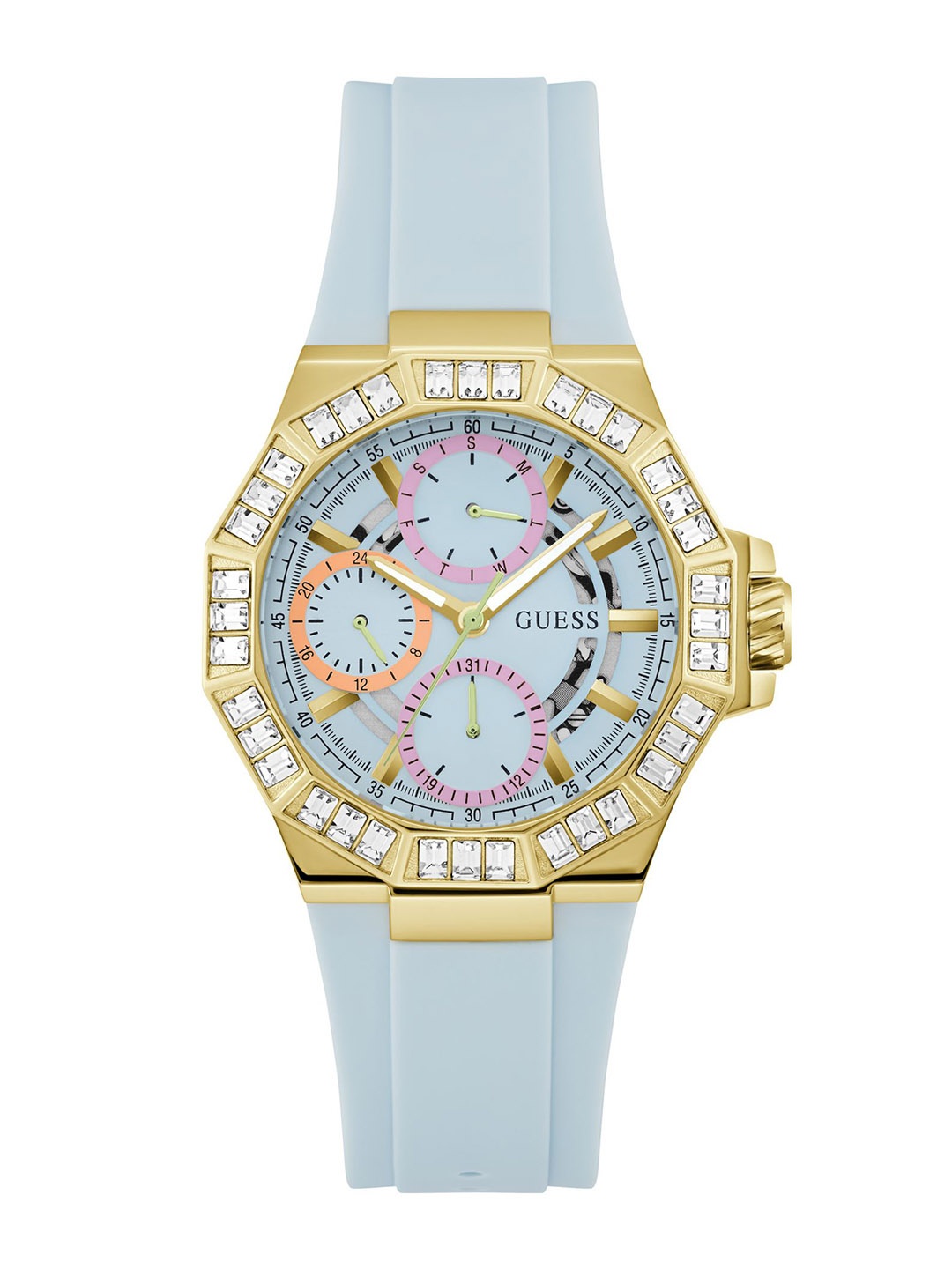 

GUESS Women Printed Dial & Bracelet Style Straps Analogue Multi Function Watch GW0695L1, Blue