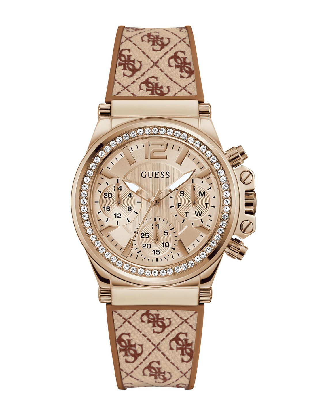 

GUESS Women Embellished Dial & Leather Straps Analogue Multi Function Watch GW0699L2, Rose gold