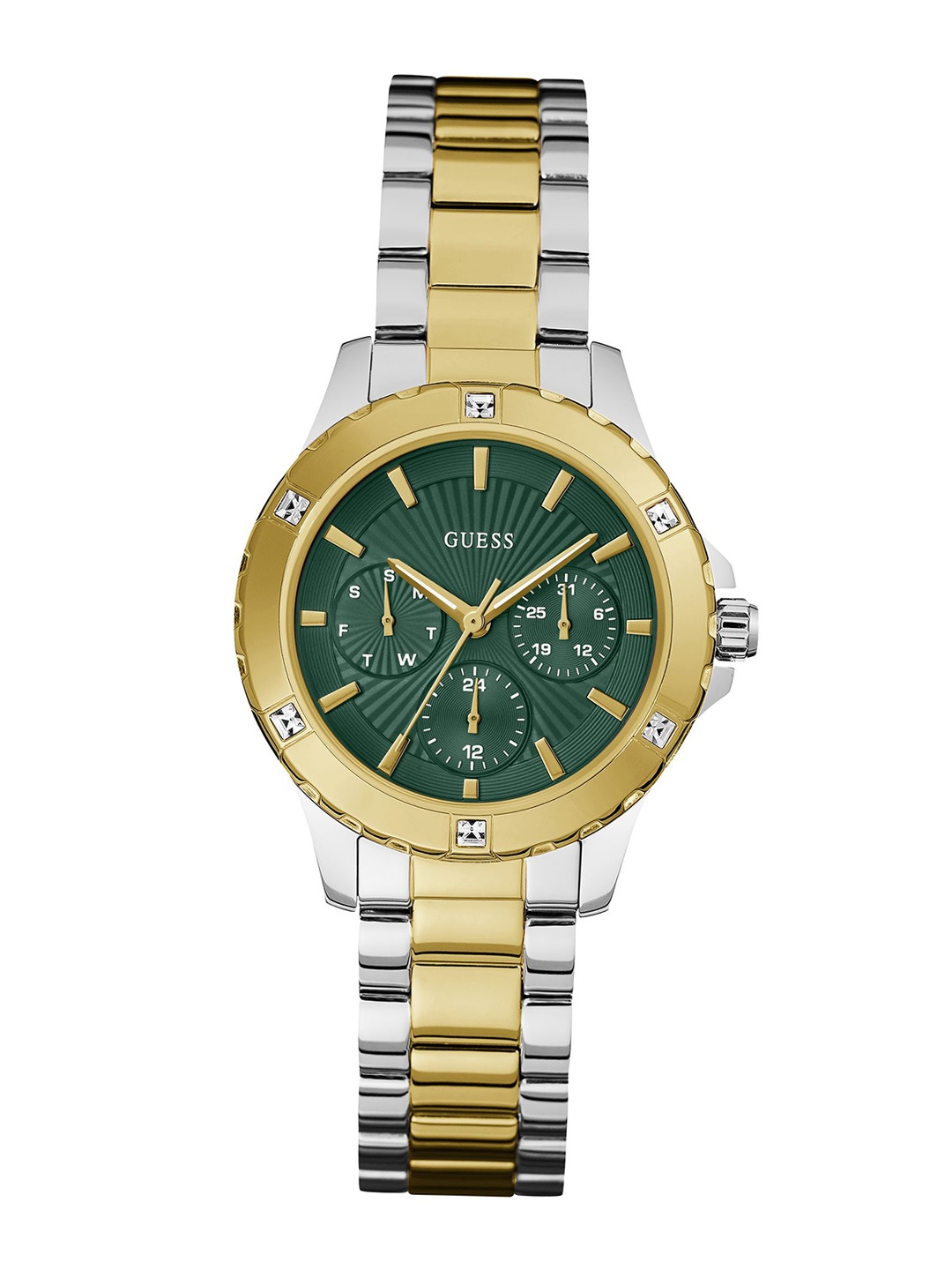 

GUESS Women Patterned Dial & Stainless Steel Bracelet Style Straps Analogue Watch GW0723L1, Green