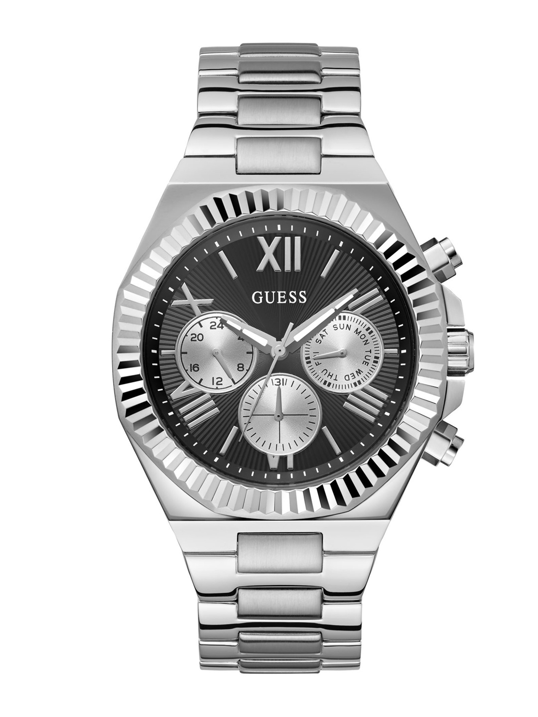 

GUESS Men Patterned Dial & Stainless Steel Analogue Multi Function Watch GW0703G1, Black