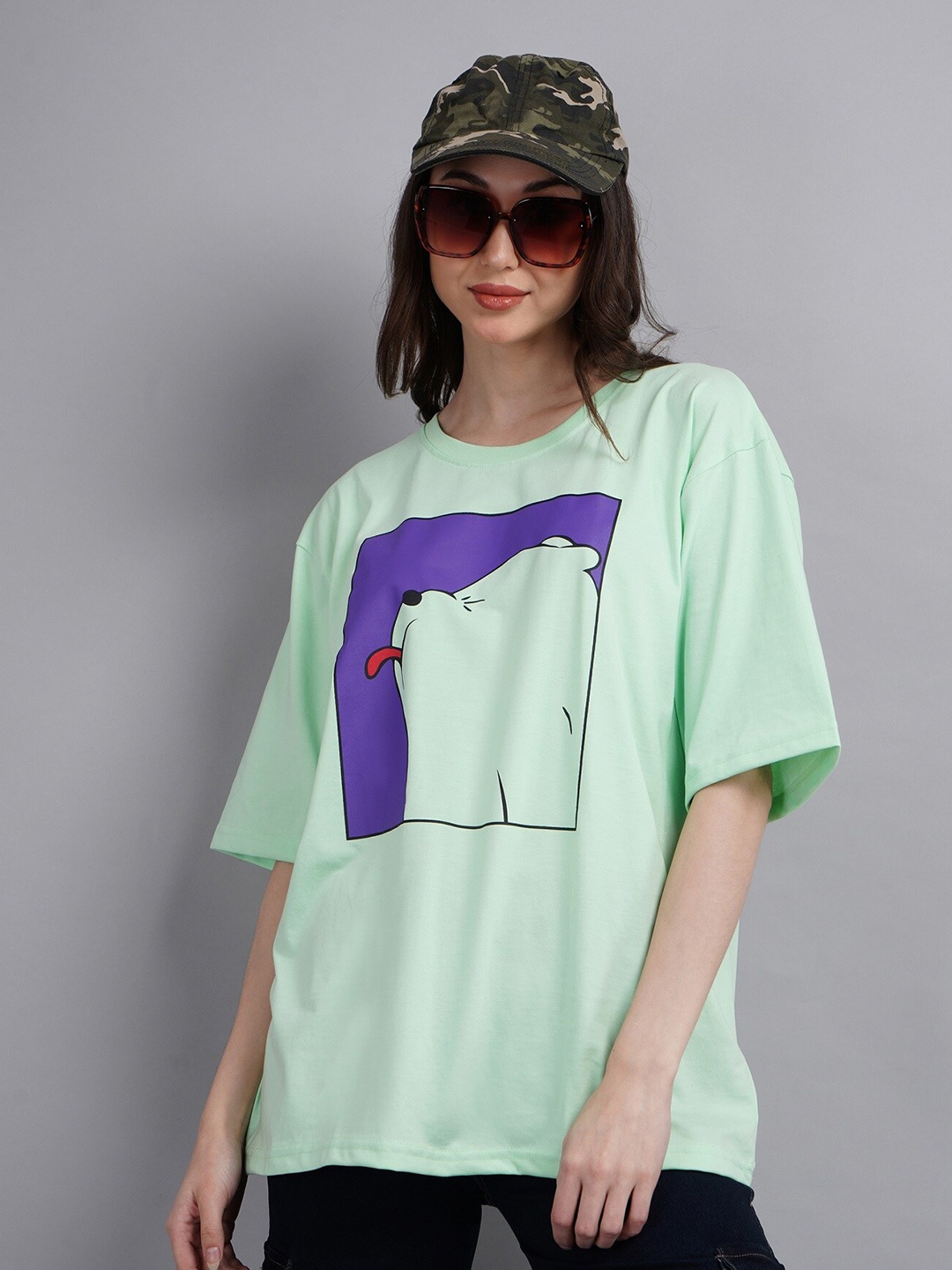 

ABSOLUTE DEFENSE Printed Round Neck Cotton Oversized T Shirt, Green