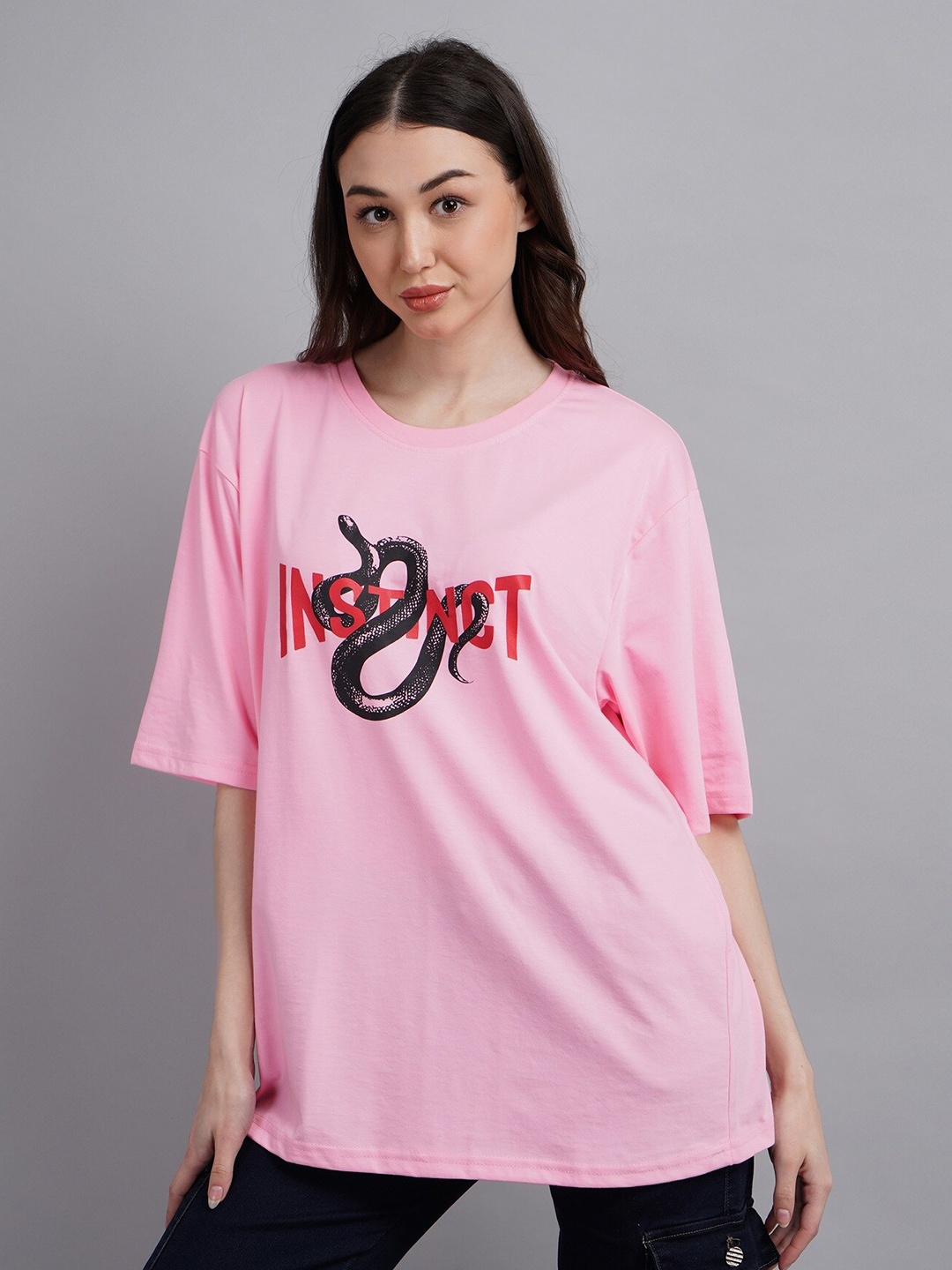 

ABSOLUTE DEFENSE Printed Round Neck Cotton Oversized T Shirt, Pink