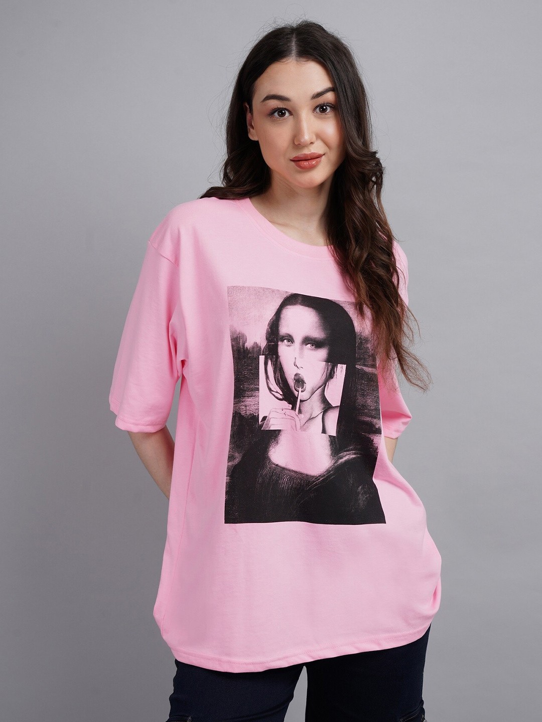 

ABSOLUTE DEFENSE Printed Round Neck Cotton Oversized T Shirt, Pink