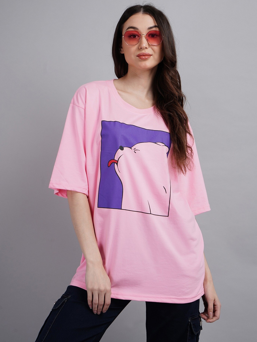 

ABSOLUTE DEFENSE Printed Round Neck Cotton Oversized T Shirt, Pink